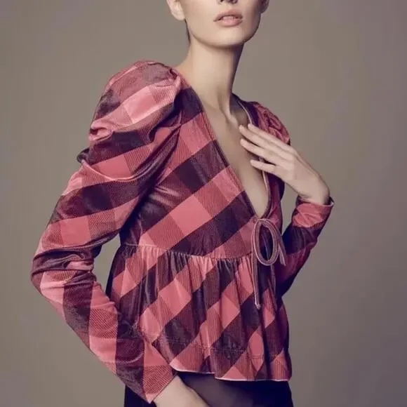 Maeve Plaid Velvet Babydoll Top in Pink Plaid Size Small - Picture 2 of 6